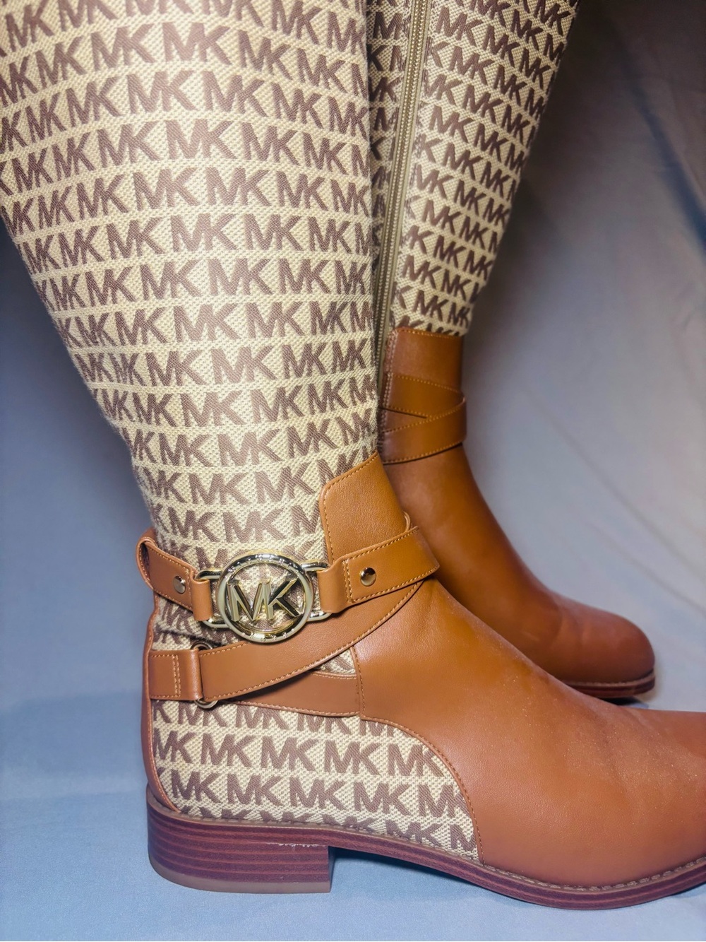 Michael Kors Brown Leather & MK Logo-Print Ankle Riding Boots
